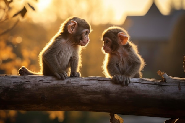 Three monkeys sitting together on a branch